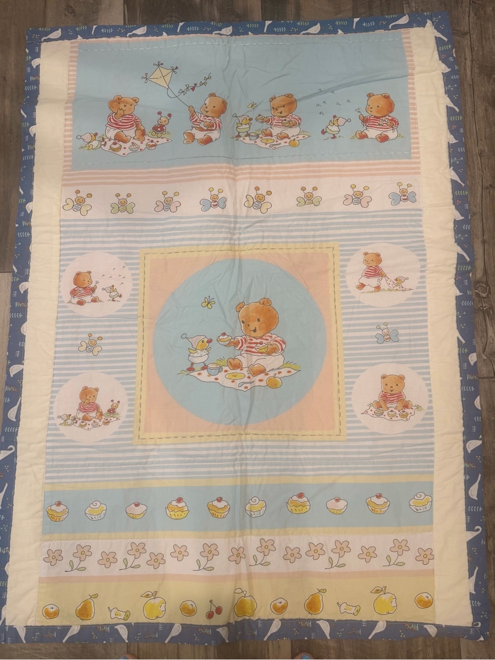 Vintage Goose and Nursery Bear Print Baby Quilt - Blue, Pink & Cream